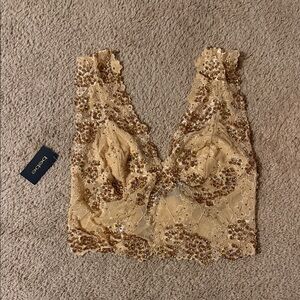 Bebe Beige Sequin Lace Crop Top